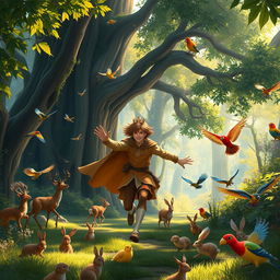 A brown-haired prince escaping from a grand castle, running joyfully towards a lush forest filled with vibrant wild birds and animals