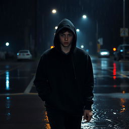 A lone teenager dressed entirely in black, wearing a black sweatshirt with the hood up, walking through a rainy night