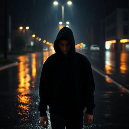 A lone teenager dressed entirely in black, wearing a black sweatshirt with the hood up, walking through a rainy night
