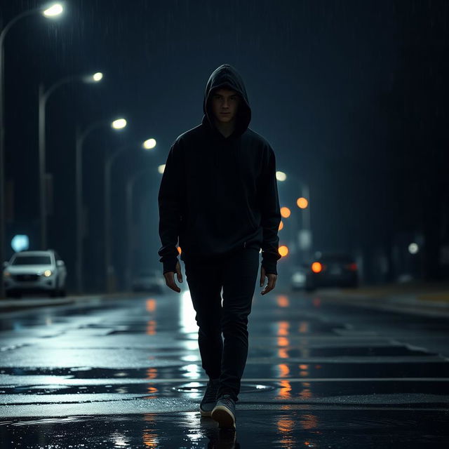 A lone teenager dressed entirely in black, wearing a black sweatshirt with the hood up, walking through a rainy night