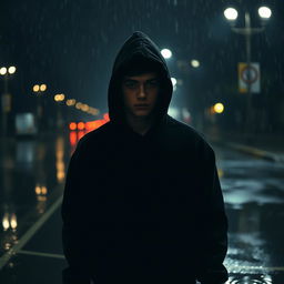A lone teenager dressed entirely in black, wearing a black sweatshirt with the hood up, walking through a rainy night