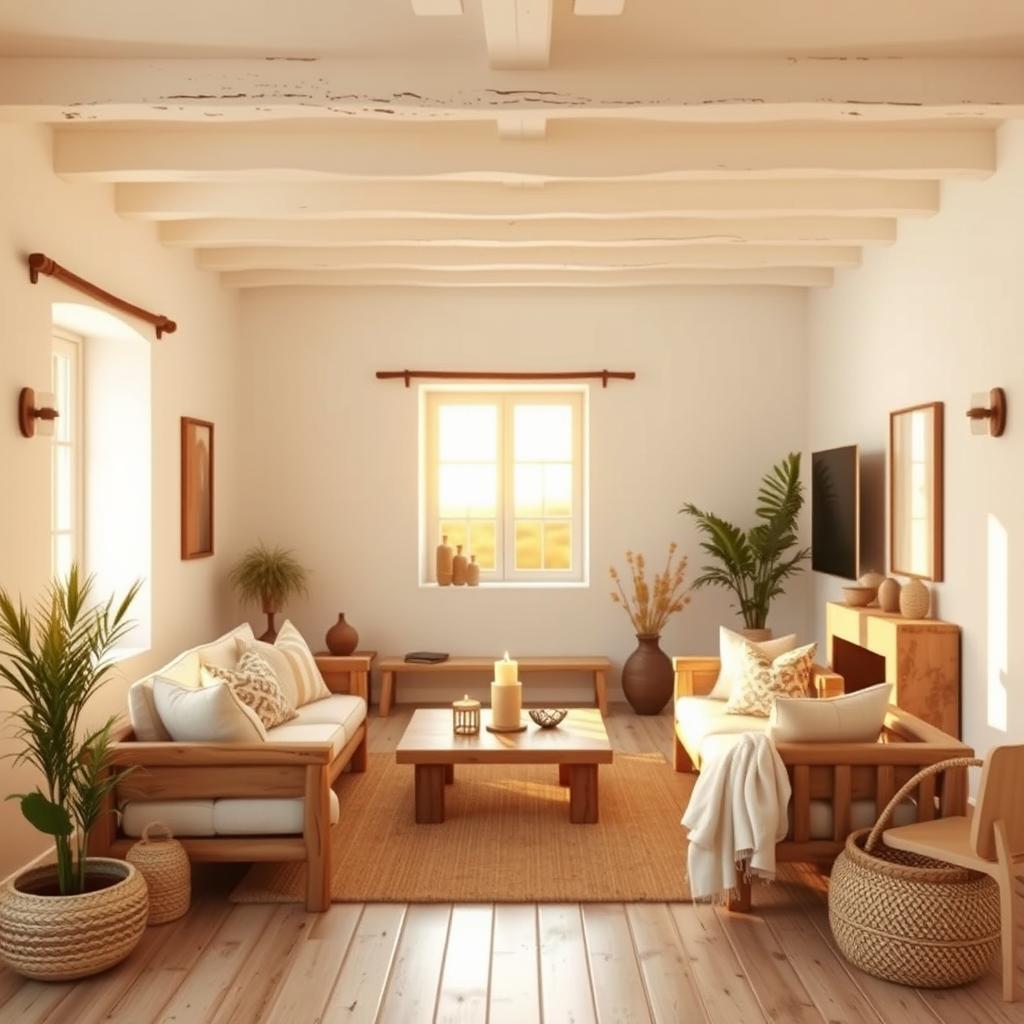 A realistic interior view of a living room designed in a rustic style, featuring white walls