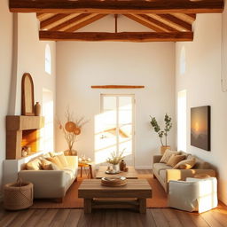 A realistic interior view of a living room designed in a rustic style, featuring white walls