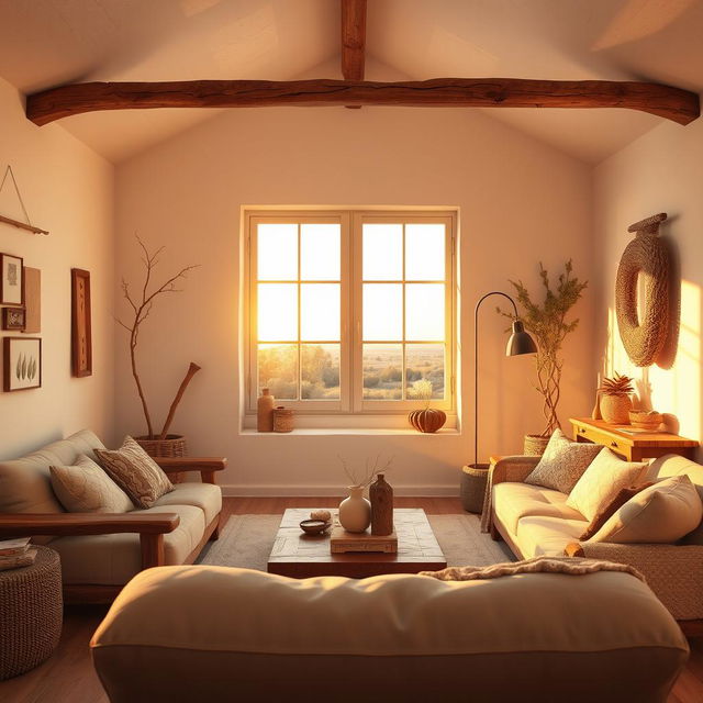 A realistic interior view of a living room designed in a rustic style, featuring white walls