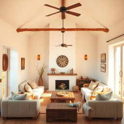 A realistic interior view of a living room designed in a rustic style, featuring white walls