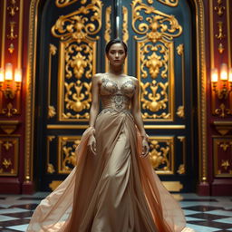 A stunning close-up of an elegant figure wearing a majestic gown, standing gracefully in front of beautiful palace doors
