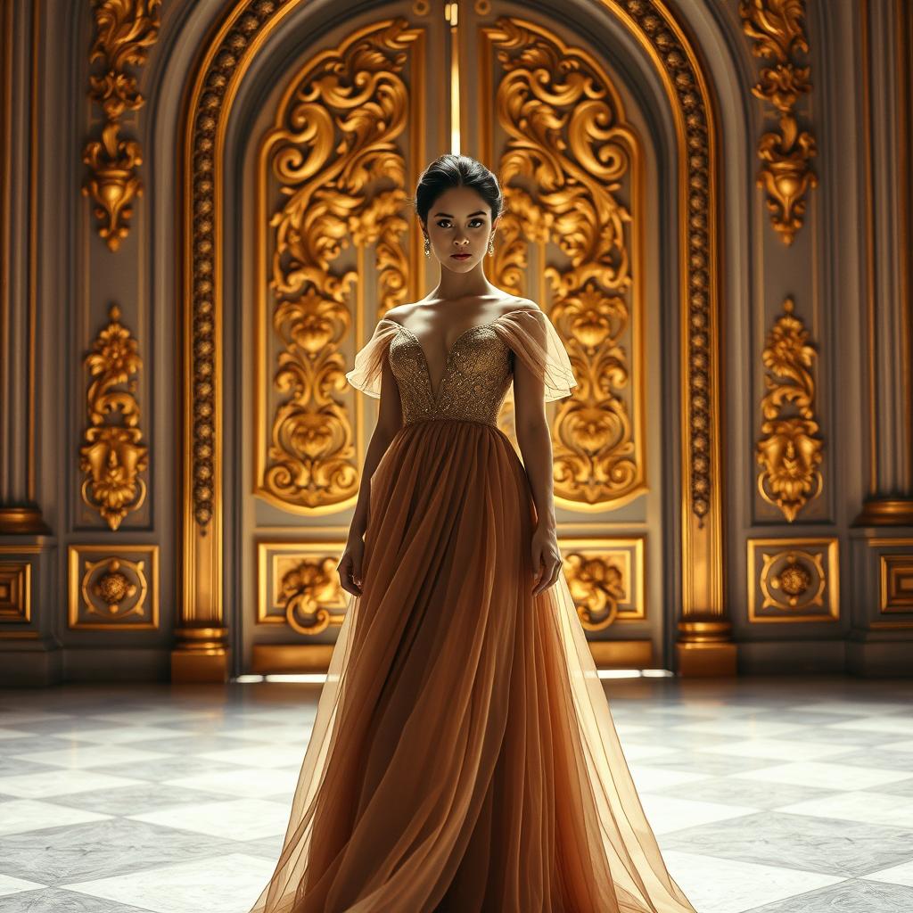 A stunning close-up of an elegant figure wearing a majestic gown, standing gracefully in front of beautiful palace doors