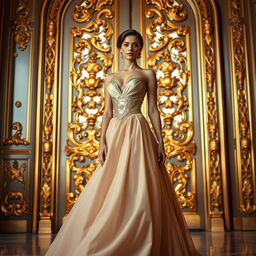 A stunning close-up of an elegant figure wearing a majestic gown, standing gracefully in front of beautiful palace doors