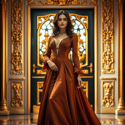 A stunning close-up of an elegant figure wearing a majestic gown, standing gracefully in front of beautiful palace doors