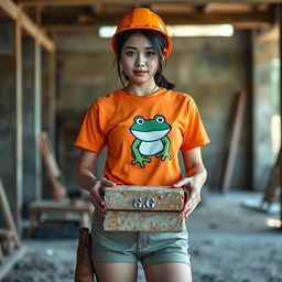 A beautiful Korean woman working as a construction worker, wearing an orange t-shirt featuring a frog graphic with the letters G,G, paired with shorts and sturdy boots