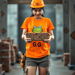 A beautiful Korean woman working as a construction worker, wearing an orange t-shirt featuring a frog graphic with the letters G,G, paired with shorts and sturdy boots