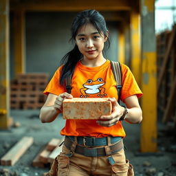 A beautiful Korean woman working as a construction worker, wearing an orange t-shirt featuring a frog graphic with the letters G,G, paired with shorts and sturdy boots