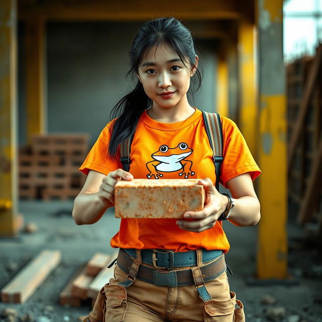 A beautiful Korean woman working as a construction worker, wearing an orange t-shirt featuring a frog graphic with the letters G,G, paired with shorts and sturdy boots