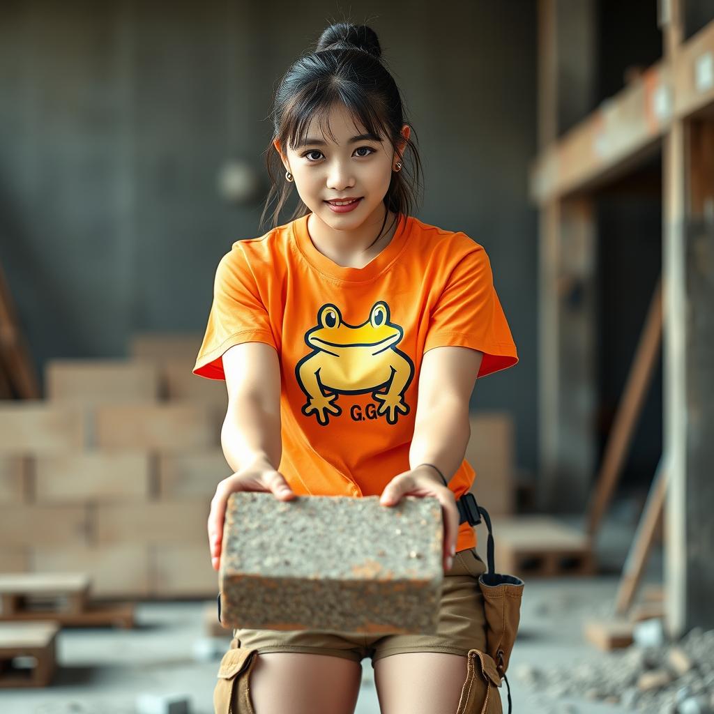 A beautiful Korean woman working as a construction worker, wearing an orange t-shirt featuring a frog graphic with the letters G,G, paired with shorts and sturdy boots