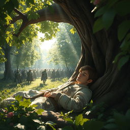 A serene scene depicting a brown-haired prince peacefully sleeping in the hollow of a grand oak tree, surrounded by lush green forest