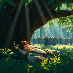 A serene scene depicting a brown-haired prince peacefully sleeping in the hollow of a grand oak tree, surrounded by lush green forest