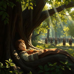 A serene scene depicting a brown-haired prince peacefully sleeping in the hollow of a grand oak tree, surrounded by lush green forest
