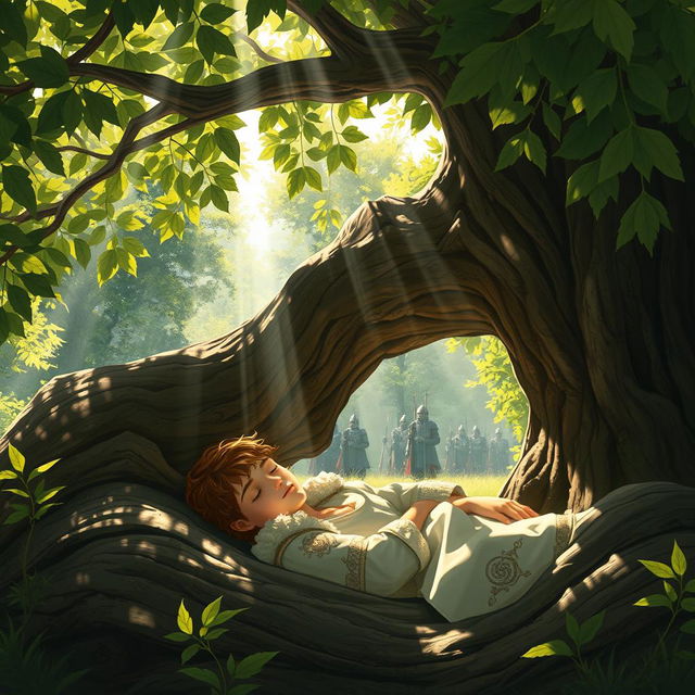 A serene scene depicting a brown-haired prince peacefully sleeping in the hollow of a grand oak tree, surrounded by lush green forest