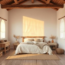 A realistic interior view of a bedroom designed in a rustic style, featuring white walls that create a bright and airy atmosphere