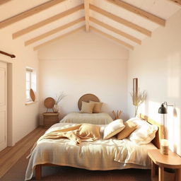 A realistic interior view of a bedroom designed in a rustic style, featuring white walls that create a bright and airy atmosphere