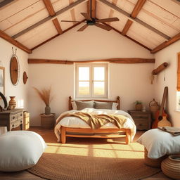 A realistic interior view of a bedroom designed in a rustic style, featuring white walls that create a bright and airy atmosphere