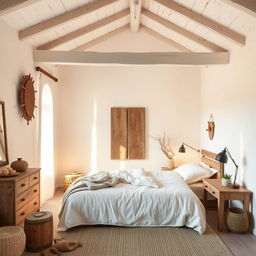 A realistic interior view of a bedroom designed in a rustic style, featuring white walls that create a bright and airy atmosphere