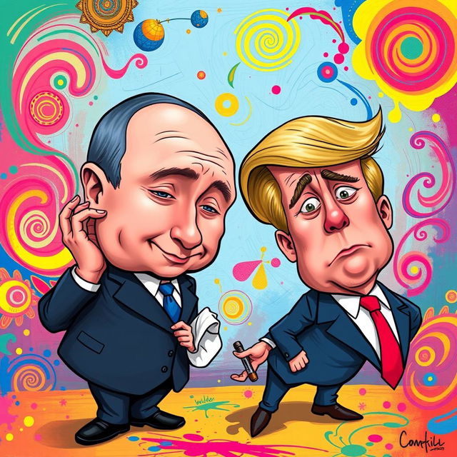 A humorous and surreal cartoon depicting Vladimir Putin in a comical pose, wiping his butt with a playful caricature of Donald Trump, who has an exaggerated, confused expression