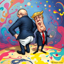 A humorous and surreal cartoon depicting Vladimir Putin in a comical pose, wiping his butt with a playful caricature of Donald Trump, who has an exaggerated, confused expression