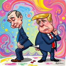A humorous and surreal cartoon depicting Vladimir Putin in a comical pose, wiping his butt with a playful caricature of Donald Trump, who has an exaggerated, confused expression