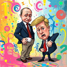 A humorous and surreal cartoon depicting Vladimir Putin in a comical pose, wiping his butt with a playful caricature of Donald Trump, who has an exaggerated, confused expression