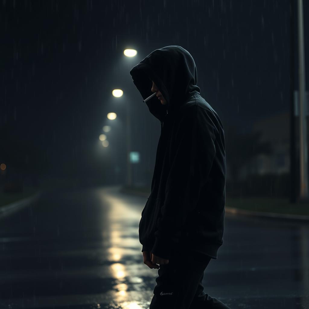 A solitary teenager dressed in a complete black outfit, wearing a black hoodie with the hood up, walking through a rainy night, holding a cigarette in hand