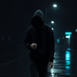 A solitary teenager dressed in a complete black outfit, wearing a black hoodie with the hood up, walking through a rainy night, holding a cigarette in hand
