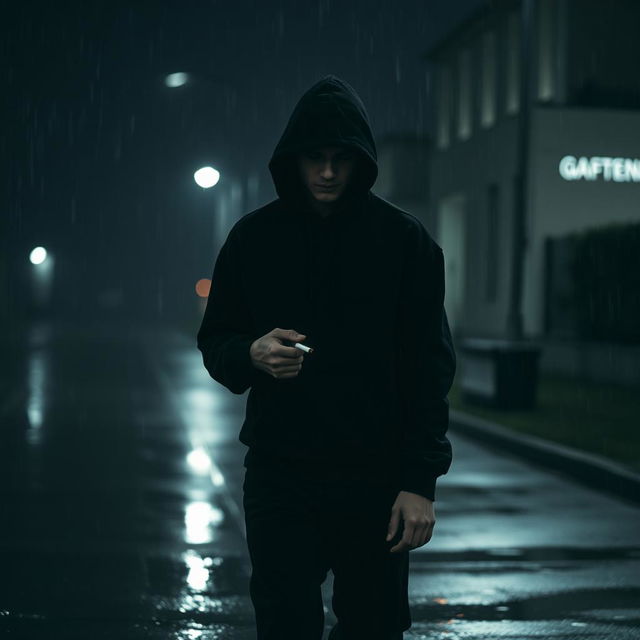 A solitary teenager dressed in a complete black outfit, wearing a black hoodie with the hood up, walking through a rainy night, holding a cigarette in hand