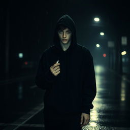A solitary teenager dressed in a complete black outfit, wearing a black hoodie with the hood up, walking through a rainy night, holding a cigarette in hand