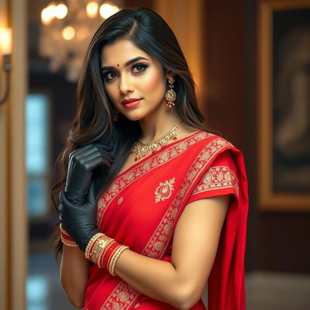 A beautiful and alluring Indian woman wearing a stunning red saree that elegantly drapes over her body, accentuating her curves