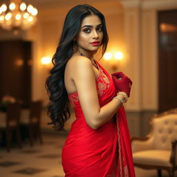 A beautiful and alluring Indian woman wearing a stunning red saree that elegantly drapes over her body, accentuating her curves