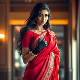A beautiful and alluring Indian woman wearing a stunning red saree that elegantly drapes over her body, accentuating her curves