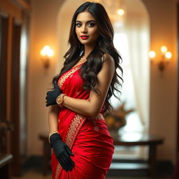 A beautiful and alluring Indian woman wearing a stunning red saree that elegantly drapes over her body, accentuating her curves