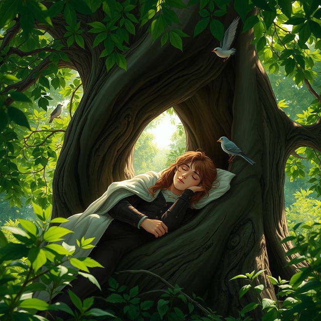 A serene scene of a brown-haired prince peacefully sleeping in the hollow of a grand oak tree, surrounded by lush green foliage of a vibrant forest