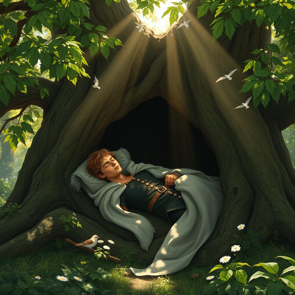 A serene scene of a brown-haired prince peacefully sleeping in the hollow of a grand oak tree, surrounded by lush green foliage of a vibrant forest