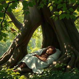 A serene scene of a brown-haired prince peacefully sleeping in the hollow of a grand oak tree, surrounded by lush green foliage of a vibrant forest