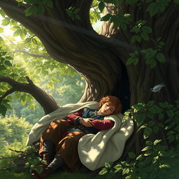 A serene scene of a brown-haired prince peacefully sleeping in the hollow of a grand oak tree, surrounded by lush green foliage of a vibrant forest