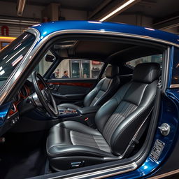 A sleek, modern, and refurbished classic car interior, showcasing luxurious leather seats, a polished wooden dashboard, and state-of-the-art technology integrated seamlessly into the design
