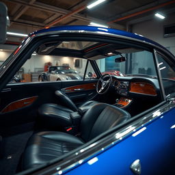 A sleek, modern, and refurbished classic car interior, showcasing luxurious leather seats, a polished wooden dashboard, and state-of-the-art technology integrated seamlessly into the design