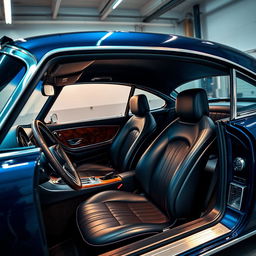 A sleek, modern, and refurbished classic car interior, showcasing luxurious leather seats, a polished wooden dashboard, and state-of-the-art technology integrated seamlessly into the design