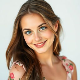 A beautiful portrait of a confident young woman with long flowing hair, wearing an elegant summer dress with floral patterns