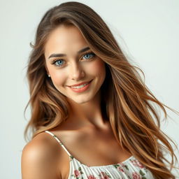 A beautiful portrait of a confident young woman with long flowing hair, wearing an elegant summer dress with floral patterns