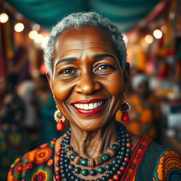 A stunning close-up portrait of a mid-aged African woman with gracefully smiling features, wearing colorful traditional attire adorned with intricate patterns