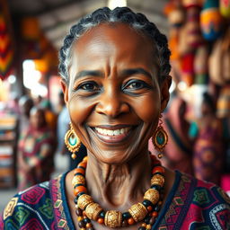 A stunning close-up portrait of a mid-aged African woman with gracefully smiling features, wearing colorful traditional attire adorned with intricate patterns