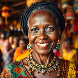 A stunning close-up portrait of a mid-aged African woman with gracefully smiling features, wearing colorful traditional attire adorned with intricate patterns